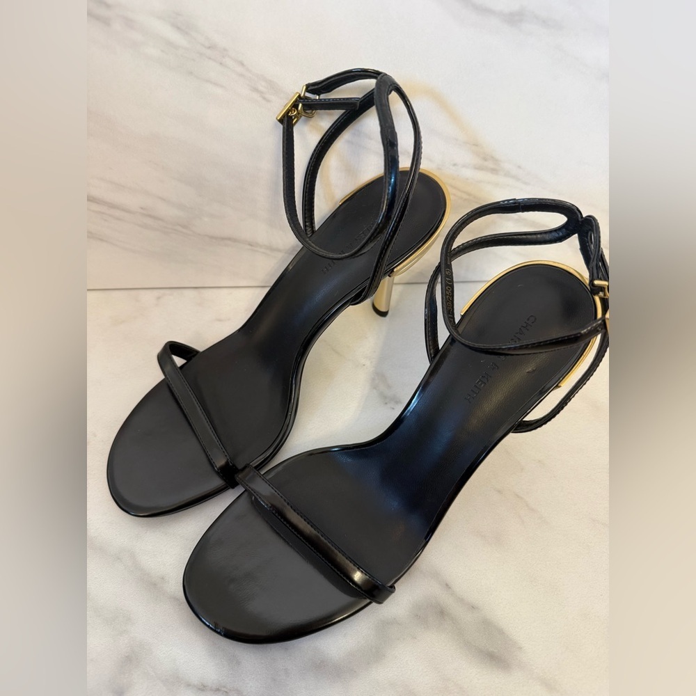 Charles & Keith Black Ankle Strap Heels with Gold Heel Minimalist Chic Size 39 - Picture 5 of 13